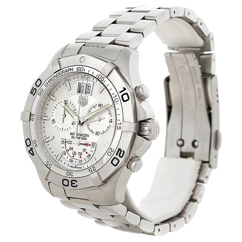 The image shows a Tag Heuer Aquaracer CAF101B Men's Stainless Steel Silver Dial CAF101B Men's Stainless Steel Silver Dial watch at an angle displaying the face, bezel, bracelet, and clasp.