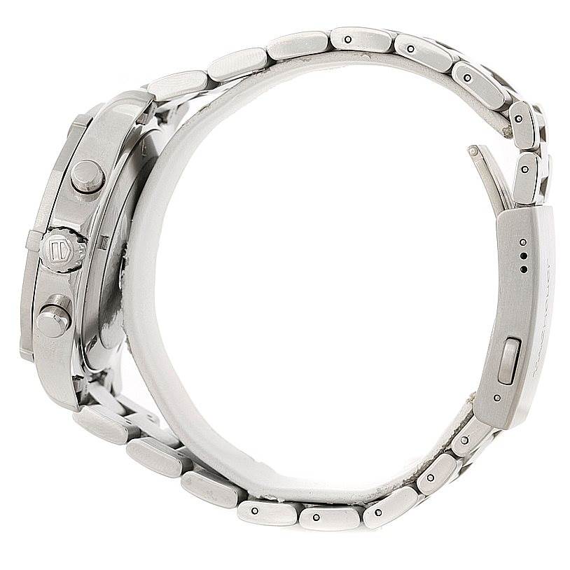 The image shows a side view of the Tag Heuer Aquaracer CAF101B Men's Stainless Steel Silver Dial CAF101B Men's Stainless Steel Silver Dial watch highlighting the crown, pushers, and metal bracelet.