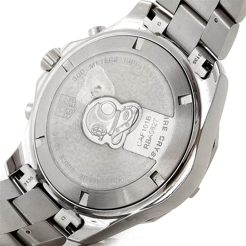 The image shows the back view of a Tag Heuer Aquaracer CAF101B Men's Stainless Steel Silver Dial CAF101B Men's Stainless Steel Silver Dial watch, highlighting its case back, engraving, and part of the bracelet.