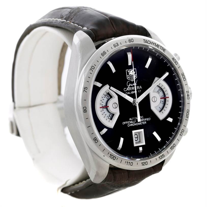 The image shows a side angle of the Tag Heuer Carrera CAV511A.FC6225 Men's Stainless Steel Black Dial CAV511A.FC6225 Men's Stainless Steel Black Dial watch, highlighting the dial, bezel, crown, and leather strap.