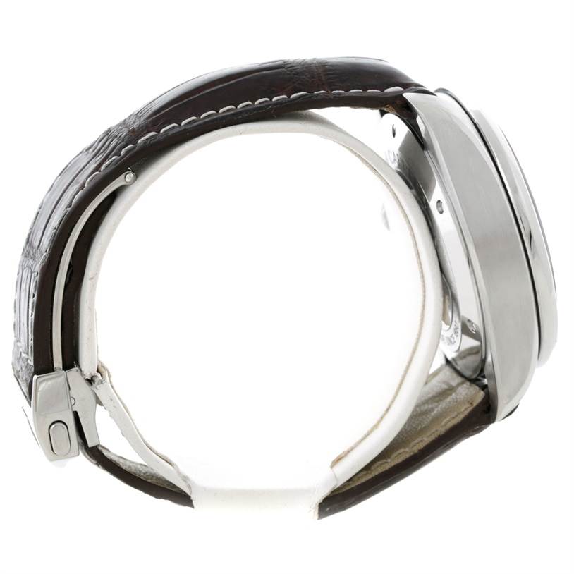 The image shows a side view of a Tag Heuer Carrera CAV511A.FC6225 Men's Stainless Steel Black Dial CAV511A.FC6225 Men's Stainless Steel Black Dial watch, highlighting its leather strap and stainless steel case.