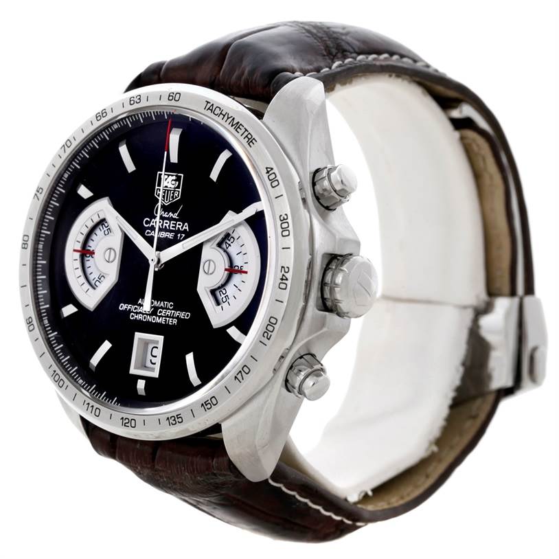 The image shows a side angle of the Tag Heuer Carrera CAV511A.FC6225 Men's Stainless Steel Black Dial CAV511A.FC6225 Men's Stainless Steel Black Dial watch, highlighting its face, bezel, crown, and leather strap.