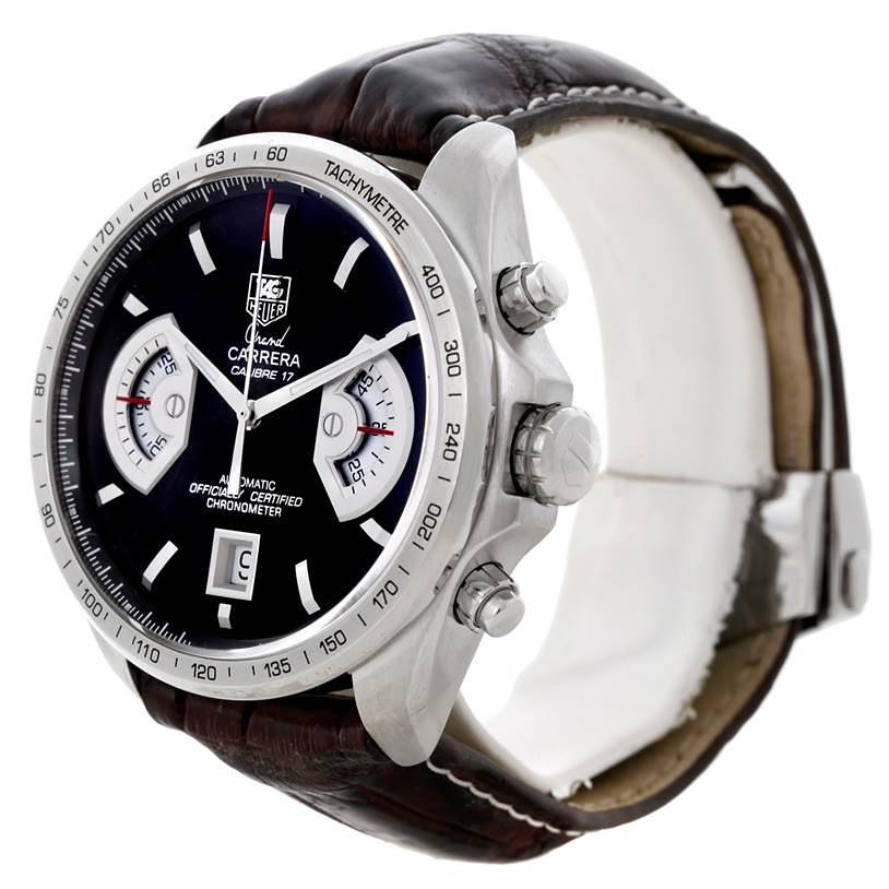 The image shows a side angle of the Tag Heuer Carrera CAV511A.FC6225 Men's Stainless Steel Black Dial CAV511A.FC6225 Men's Stainless Steel Black Dial watch, highlighting its face, bezel, crown, and leather strap.