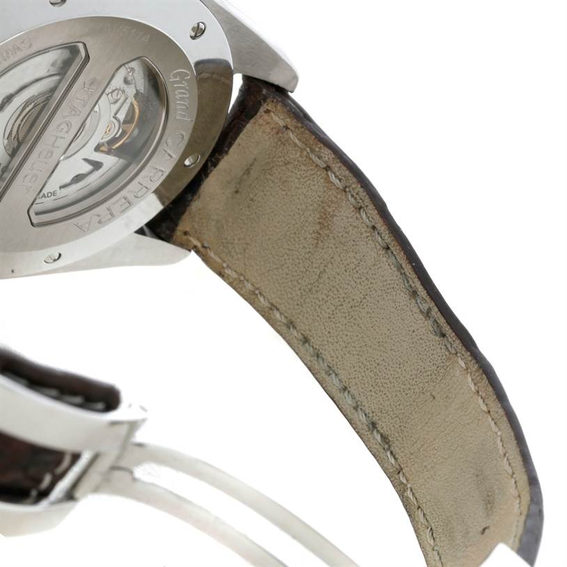 This image shows the underside of the case back and leather strap of a Tag Heuer Carrera CAV511A.FC6225 Men's Stainless Steel Black Dial CAV511A.FC6225 Men's Stainless Steel Black Dial watch at an angle.