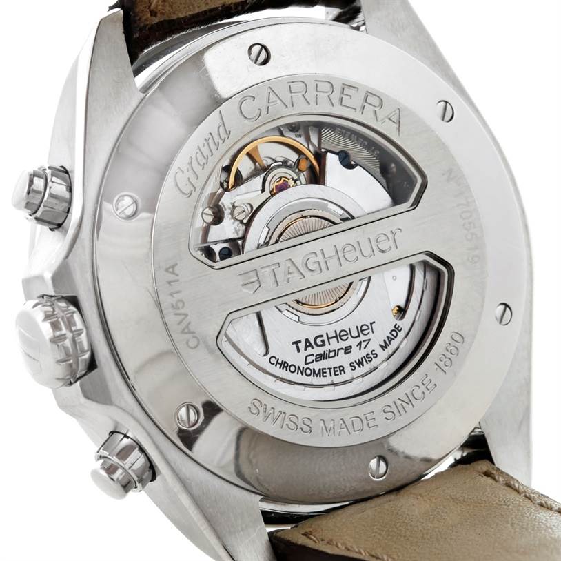 The image shows the back view of a Tag Heuer Carrera CAV511A.FC6225 Men's Stainless Steel Black Dial CAV511A.FC6225 Men's Stainless Steel Black Dial watch, revealing its exposed movement components.