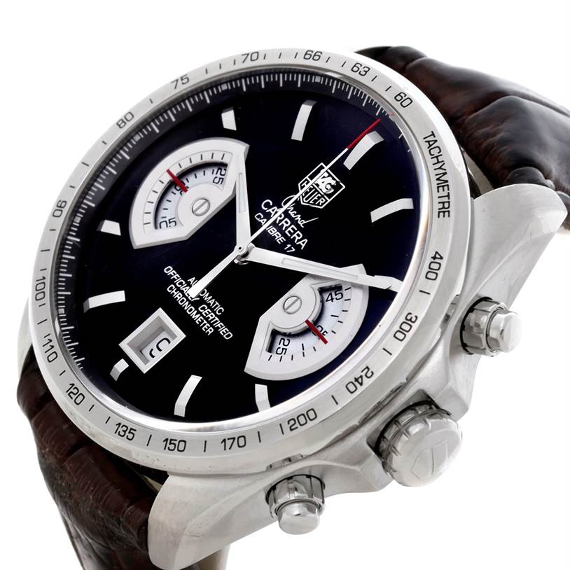 This image shows a side angle of the Tag Heuer Carrera CAV511A.FC6225 Men's Stainless Steel Black Dial CAV511A.FC6225 Men's Stainless Steel Black Dial watch, highlighting its dial, sub-dials, tachymeter, and crown.