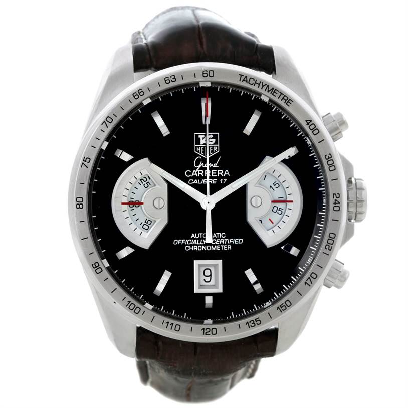 The image shows a top view of a Tag Heuer Carrera CAV511A.FC6225 Men's Stainless Steel Black Dial CAV511A.FC6225 Men's Stainless Steel Black Dial watch, highlighting its black dial, chronograph sub-dials, and leather strap.