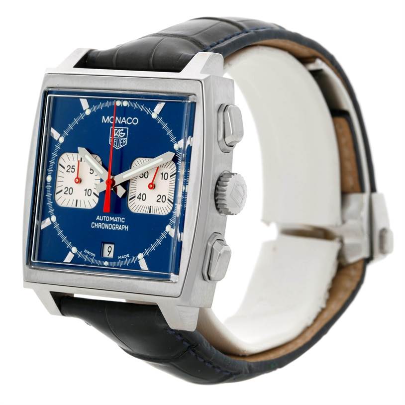 The Tag Heuer Monaco CW2113 Men's Stainless Steel Blue Dial CW2113 Men's Stainless Steel Blue Dial watch is shown at an angle displaying the dial, side buttons, and strap.