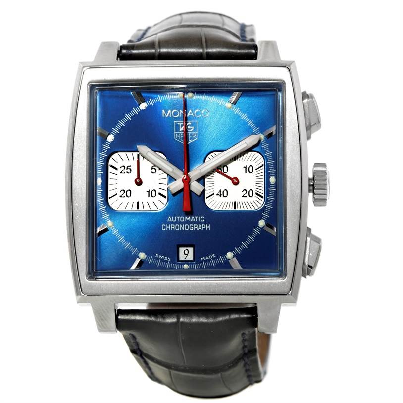The image shows a front view of the Tag Heuer Monaco CW2113 Men's Stainless Steel Blue Dial CW2113 Men's Stainless Steel Blue Dial model watch, highlighting its blue dial, chronograph sub-dials, and date display.