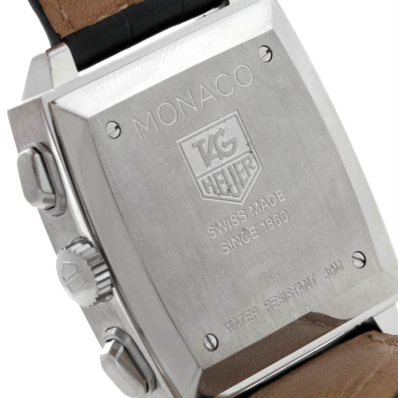 The image shows the back case and side buttons of a Tag Heuer Monaco CW2113 Men's Stainless Steel Blue Dial CW2113 Men's Stainless Steel Blue Dial watch.
