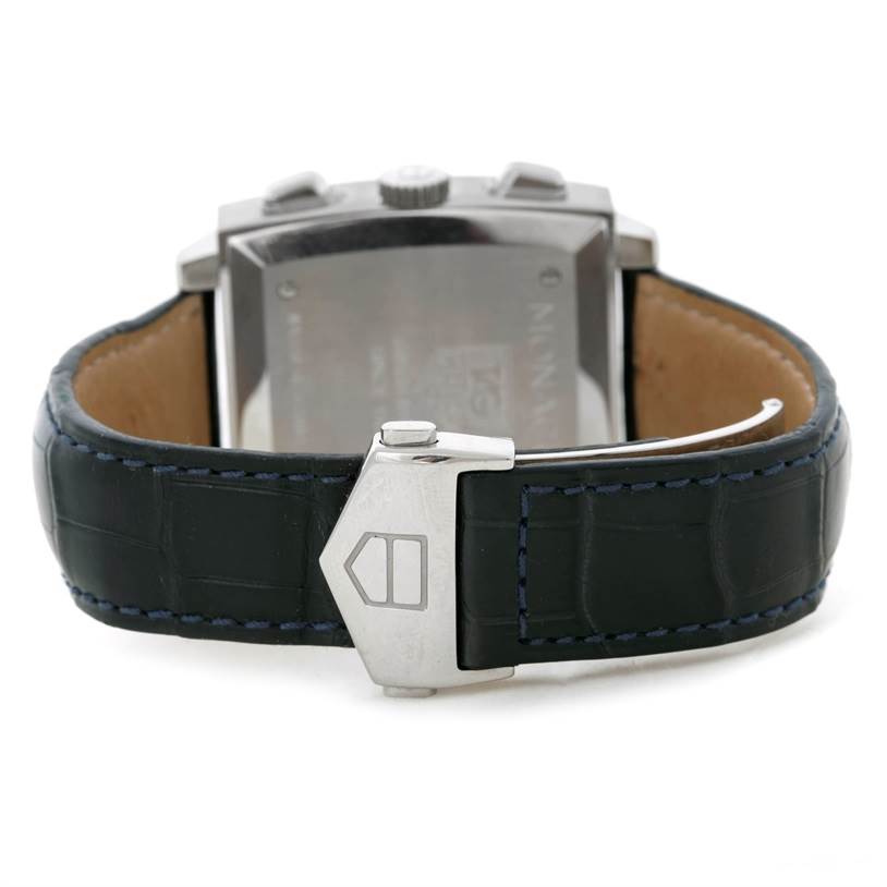 The image shows the back view of the Tag Heuer Monaco CW2113 Men's Stainless Steel Blue Dial CW2113 Men's Stainless Steel Blue Dial watch, focusing on the clasp and strap.