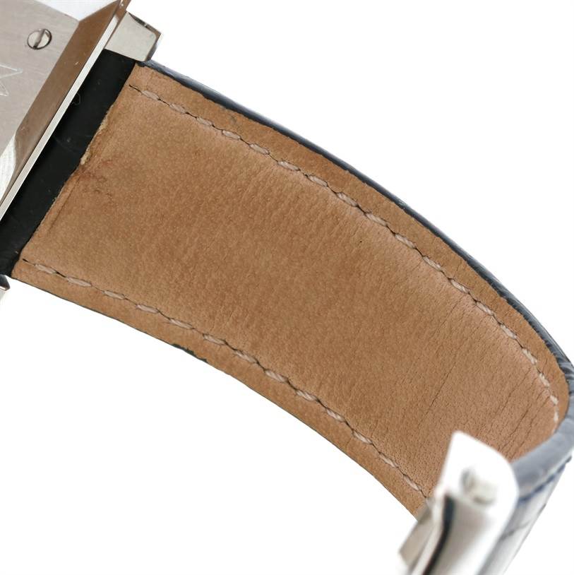 The image shows the side of the case and leather strap of a Tag Heuer Monaco CW2113 Men's Stainless Steel Blue Dial CW2113 Men's Stainless Steel Blue Dial watch, focusing on the stitching and attachment.