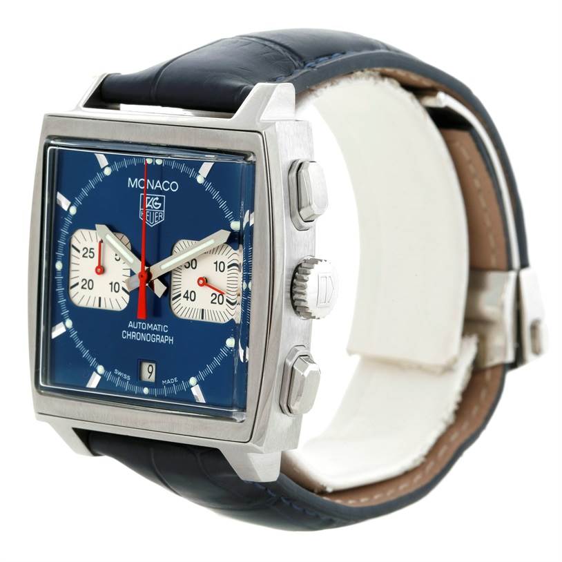 The Tag Heuer Monaco CW2113 Men's Stainless Steel Blue Dial CW2113 Men's Stainless Steel Blue Dial watch is shown at an oblique angle, displaying the face, crown, pushers, and strap.