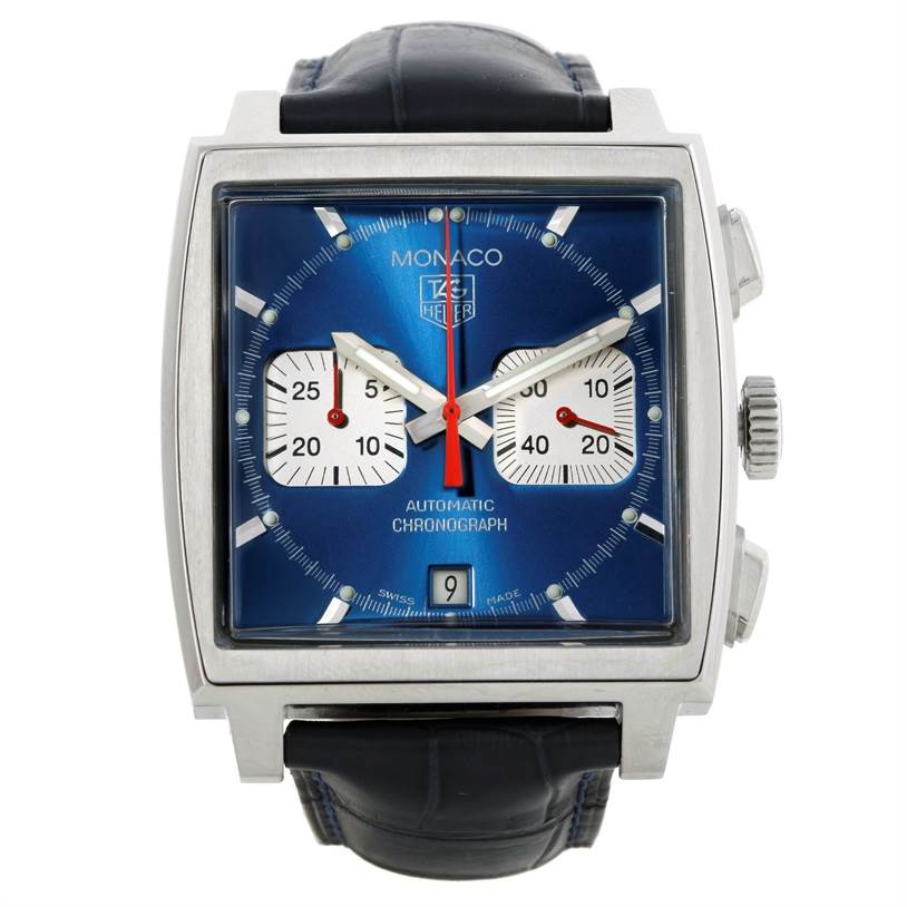 The image shows a frontal view of the Tag Heuer Monaco CW2113 Men's Stainless Steel Blue Dial CW2113 Men's Stainless Steel Blue Dial watch, highlighting its blue dial, chronograph subdials, and date window.
