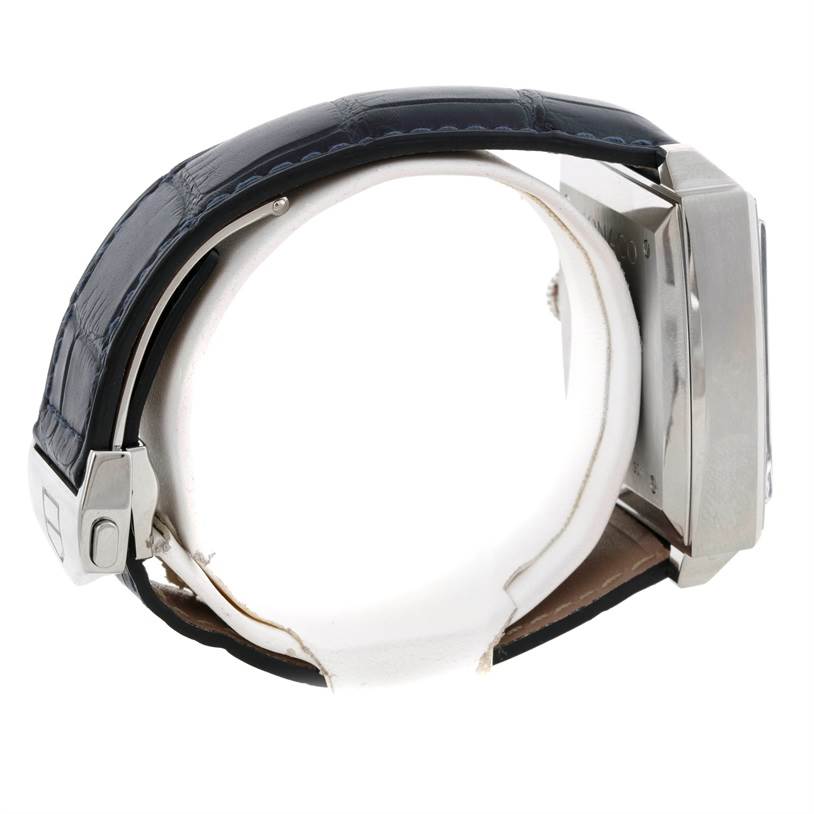 The image shows a side view of a Tag Heuer Monaco CW2113 Men's Stainless Steel Blue Dial CW2113 Men's Stainless Steel Blue Dial watch, focusing on its strap and partially visible clasp.