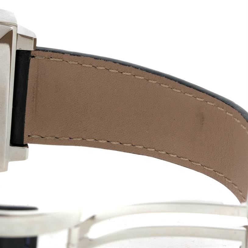 The image shows a close-up of the Tag Heuer Monaco CW2113 Men's Stainless Steel Blue Dial CW2113 Men's Stainless Steel Blue Dial watch's leather strap and clasp from a side angle.