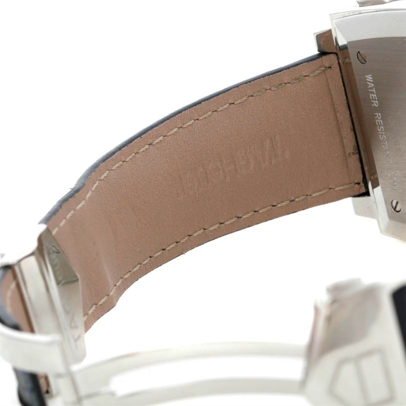 The image shows a close-up of the leather strap and clasp of a Tag Heuer Monaco CW2113 Men's Stainless Steel Blue Dial CW2113 Men's Stainless Steel Blue Dial watch.