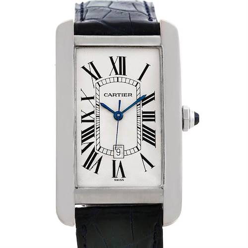 The image shows a front view of the Cartier Tank Americaine W2603256 Men's White Gold Silver Dial W2603256 Men's White Gold Silver Dial watch, displaying its rectangular case, black Roman numerals, and blue hands.