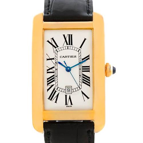 This image shows a front view of the Cartier Tank Americaine W2603156 Men's Yellow Gold Silver Dial W2603156 Men's Yellow Gold Silver Dial watch, displaying its rectangular face, leather strap, and crown.