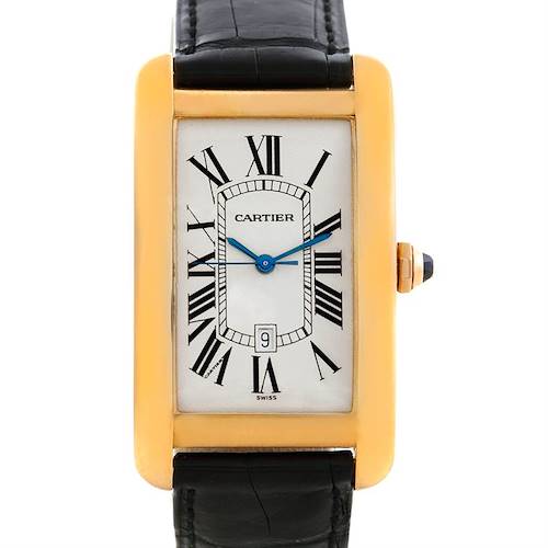 The image shows a frontal view of the Cartier Tank Américaine watch, displaying its dial, strap, and crown.