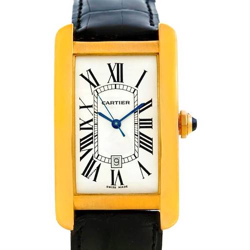 This image shows a front view of a Cartier Tank Americaine W2603156 Men's Yellow Gold Silver Dial W2603156 Men's Yellow Gold Silver Dial watch with a gold case and black leather strap.