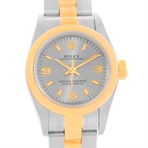 This image shows a front view of a Rolex Oyster Perpetual 67183 Women's Steel and Gold (two tone) Grey Dial 67183 Women's Steel and Gold (two tone) Grey Dial watch, displaying the dial and part of the bracelet.