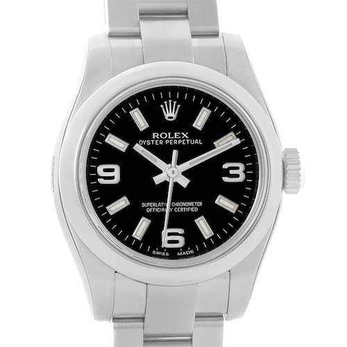 This is a front view of the Rolex Oyster Perpetual 176200 Women's Stainless Steel Black Dial 176200 Women's Stainless Steel Black Dial watch, clearly showing the dial, bezel, and part of the bracelet.