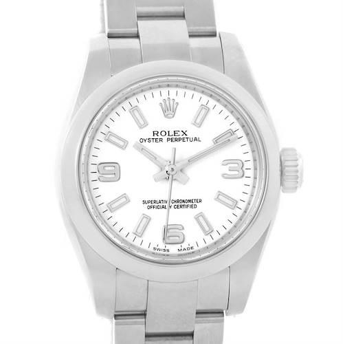 The image shows a front view of a Rolex Oyster Perpetual 176200 Women's Stainless Steel White Dial 176200 Women's Stainless Steel White Dial watch, featuring its white dial and silver bracelet.