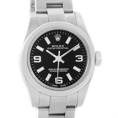 The image shows a frontal view of the Rolex Oyster Perpetual 176200 Women's Stainless Steel Black Dial 176200 Women's Stainless Steel Black Dial watch, displaying the face, crown, and part of the bracelet.