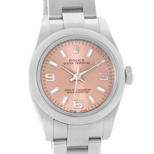 This image shows a front view of a Rolex Oyster Perpetual 176200 Women's Stainless Steel Pink Dial 176200 Women's Stainless Steel Pink Dial watch featuring a pink dial.