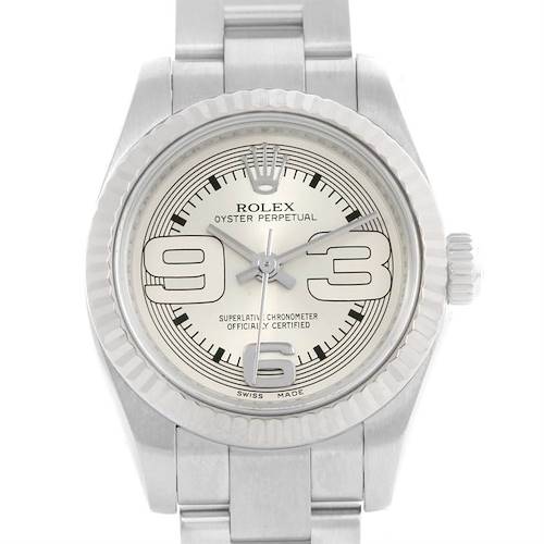 The image shows a front view of a Rolex Oyster Perpetual 176234 Women's Stainless Steel Silver Dial 176234 Women's Stainless Steel Silver Dial watch, highlighting the dial, bezel, and bracelet.