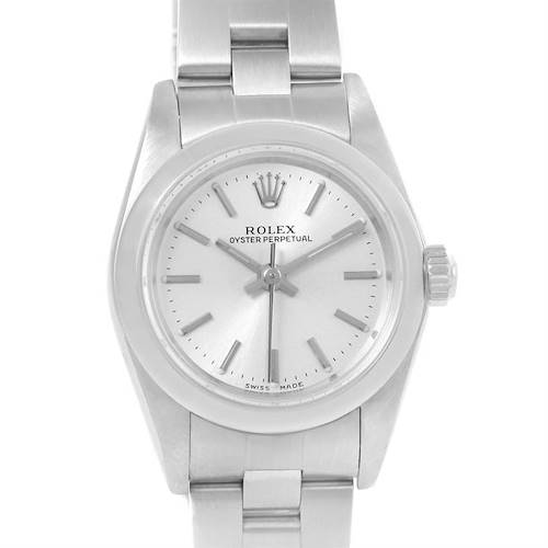 The image shows a front view of a Rolex Oyster Perpetual 76080 Women's Stainless Steel Silver Dial 76080 Women's Stainless Steel Silver Dial watch, displaying its face, bezel, and part of the bracelet.