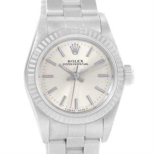 The image shows a front view of a Rolex Oyster Perpetual 67194 Women's Stainless Steel Silver Dial 67194 Women's Stainless Steel Silver Dial watch, focusing on the dial, bezel, and bracelet.