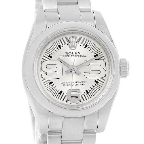 The image shows a frontal view of a Rolex Oyster Perpetual 176200 Women's Stainless Steel Silver Dial 176200 Women's Stainless Steel Silver Dial watch, displaying the dial, case, crown, and part of the bracelet.