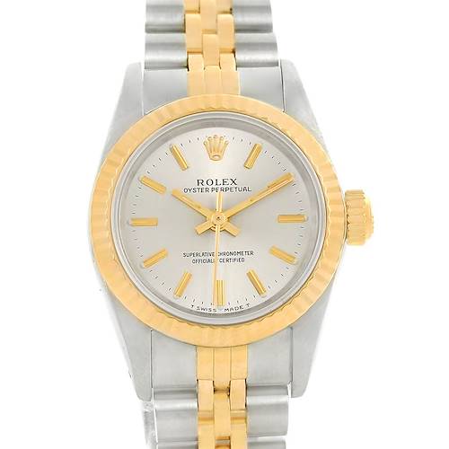 The image displays a front view of a Rolex Oyster Perpetual 67193 Women's Steel and Gold (two tone) Silver Dial 67193 Women's Steel and Gold (two tone) Silver Dial watch, showing its face, bezel, and bracelet.