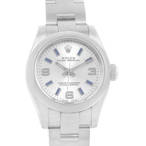 The image shows a front view of a Rolex Oyster Perpetual 176200 Women's Stainless Steel Silver Dial 176200 Women's Stainless Steel Silver Dial watch, highlighting its dial, case, and part of the bracelet.