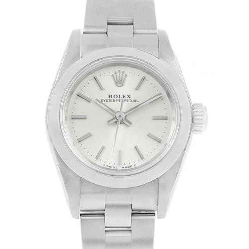 The image shows a front view of the Rolex Oyster Perpetual 67180 Women's Stainless Steel Silver Dial 67180 Women's Stainless Steel Silver Dial watch displaying its dial, bezel, crown, and part of the bracelet.