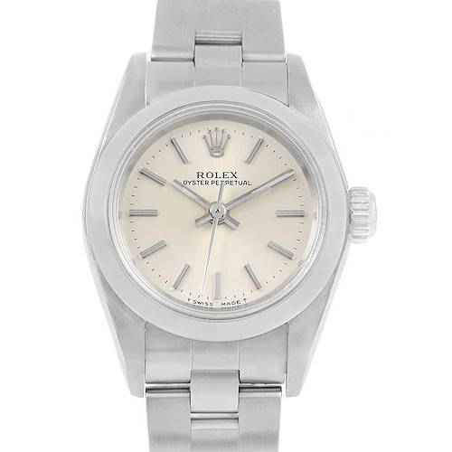 This image shows a front view of a Rolex Oyster Perpetual 67180 Women's Stainless Steel Silver Dial 67180 Women's Stainless Steel Silver Dial watch, detailing the dial, hands, crown, and part of the bracelet.