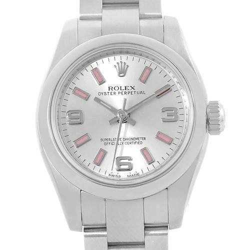 The Rolex Oyster Perpetual 176200 Women's Stainless Steel Silver Dial 176200 Women's Stainless Steel Silver Dial watch is shown from the front, displaying its dial, crown, and bracelet.