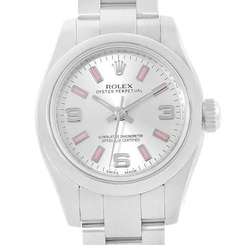 This image shows a front view of a Rolex Oyster Perpetual 176200 Women's Stainless Steel Silver Dial 176200 Women's Stainless Steel Silver Dial watch, displaying the dial, case, bracelet, and crown.