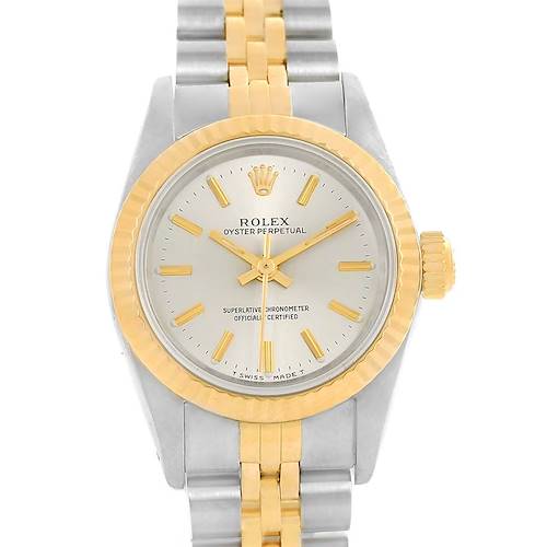 The image shows a front view of a Rolex Oyster Perpetual 67193 Women's Steel and Gold (two tone) Silver Dial 67193 Women's Steel and Gold (two tone) Silver Dial watch, highlighting the dial, bezel, crown, and bracelet.