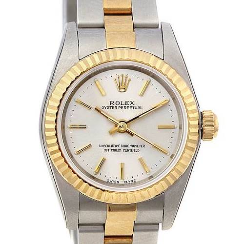 The image shows a front view of a Rolex Oyster Perpetual 76193 Women's Stainless Steel Silver Dial 76193 Women's Stainless Steel Silver Dial watch, highlighting the dial, bezel, and part of the bracelet.