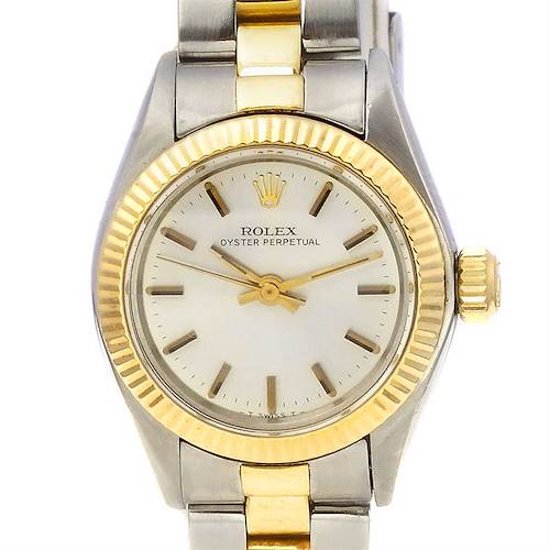 The image shows a front view of a Rolex Oyster Perpetual 6719 Women's Stainless Steel Silver Dial 6719 Women's Stainless Steel Silver Dial watch, highlighting the dial, crown, and bracelet.