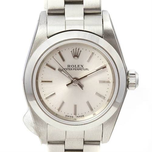 The image shows a front view of a Rolex Oyster Perpetual 76080 Women's Stainless Steel Silver Dial 76080 Women's Stainless Steel Silver Dial watch, displaying its face, bezel, and part of the bracelet.
