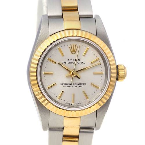 The Rolex Oyster Perpetual 76193 Women's Stainless Steel Silver Dial 76193 Women's Stainless Steel Silver Dial watch is shown from the front, displaying its face, bezel, and part of its two-tone bracelet.