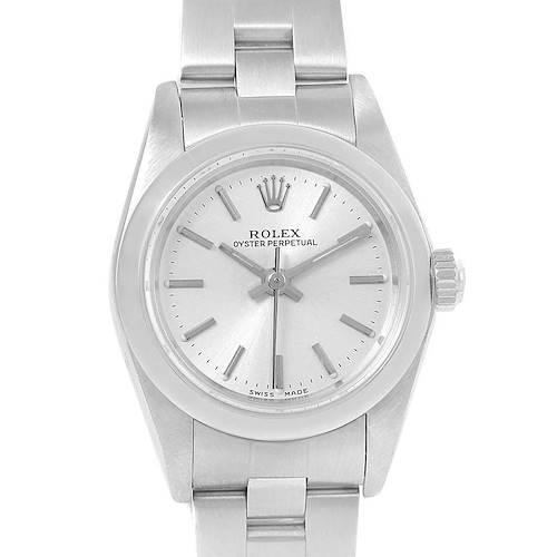 This image shows a front view of a Rolex Oyster Perpetual 76080 Women's Stainless Steel Silver Dial 76080 Women's Stainless Steel Silver Dial watch, highlighting the dial, hands, crown, and part of the bracelet.