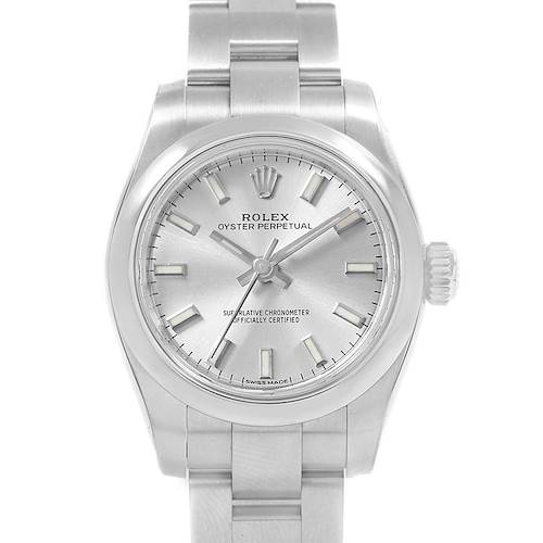 This image shows a front view of the Rolex Oyster Perpetual 176200 Women's Stainless Steel Silver Dial 176200 Women's Stainless Steel Silver Dial watch, displaying its face, bezel, and part of the bracelet.