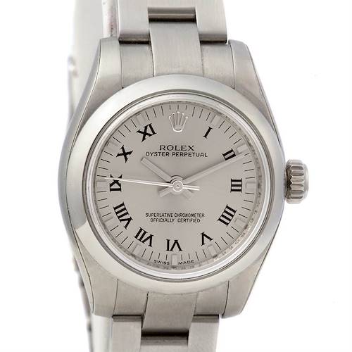 The image shows a front view of the Rolex Oyster Perpetual 176200 Women's Stainless Steel Silver Dial 176200 Women's Stainless Steel Silver Dial watch, highlighting its face, dial, and part of the bracelet.