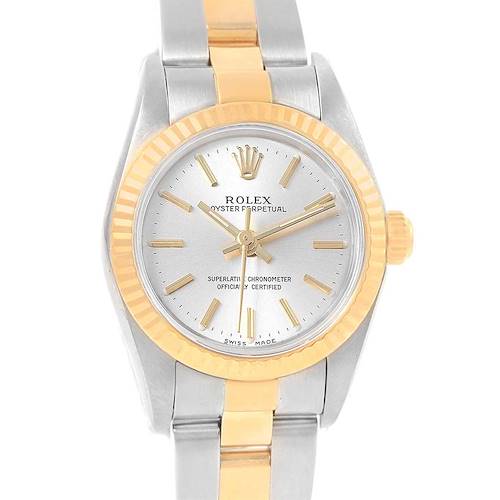 This image shows a frontal view of a Rolex Oyster Perpetual 76193 Women's Steel and Gold (two tone) Silver Dial 76193 Women's Steel and Gold (two tone) Silver Dial watch, highlighting the dial, hour markers, bezel, and bracelet.