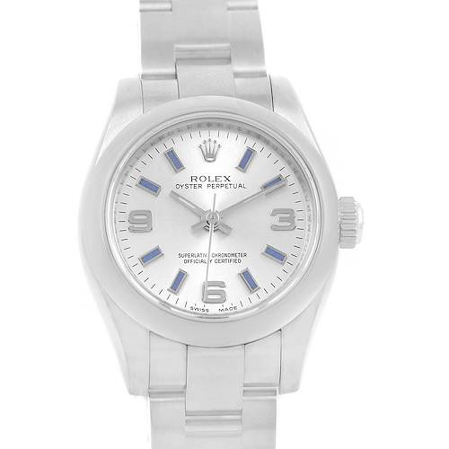 The image shows a front view of the Rolex Oyster Perpetual 176200 Women's Stainless Steel Silver Dial 176200 Women's Stainless Steel Silver Dial watch, highlighting the dial, hands, and bracelet.